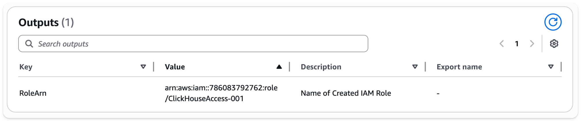 IAM Role ARN이 표시된 CloudFormation 스택 출력
